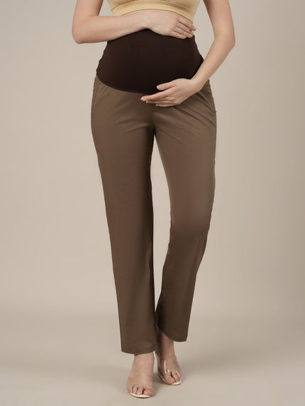 Stretchy Cotton Straight Fit Maternity Trousers-Brown