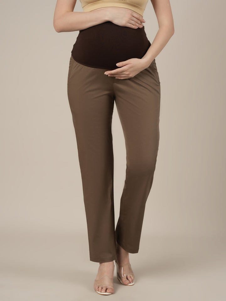 Stretchy Cotton Straight Fit Maternity Trousers-Brown