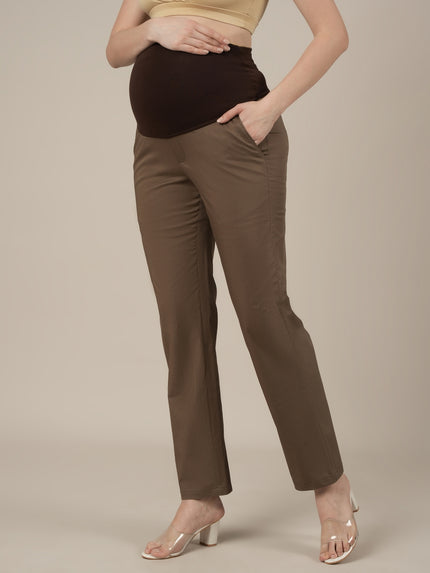Stretchy Cotton Straight Fit Maternity Trousers-Brown