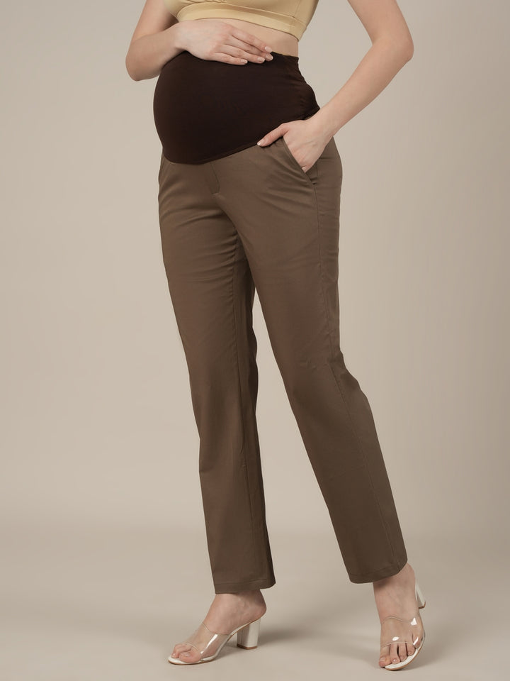 Stretchy Cotton Straight Fit Maternity Trousers-Brown