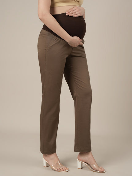 Stretchy Cotton Straight Fit Maternity Trousers-Brown