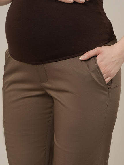 Stretchy Cotton Straight Fit Maternity Trousers-Brown