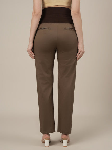 Stretchy Cotton Straight Fit Maternity Trousers-Brown