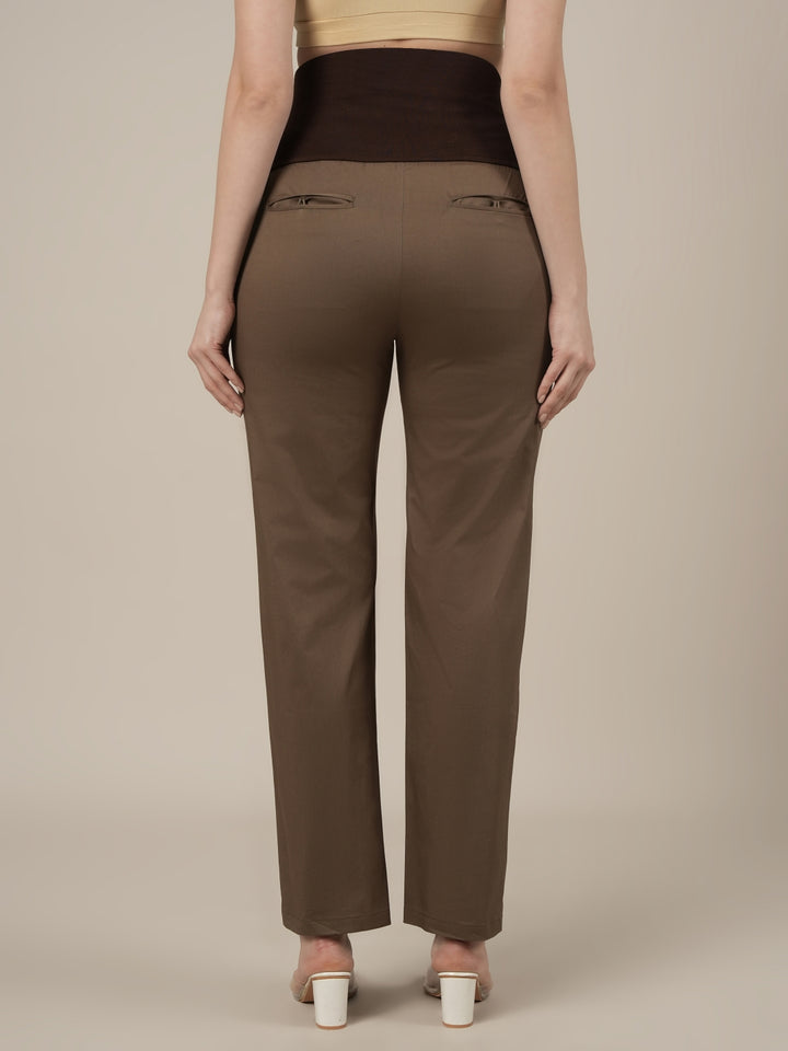 Stretchy Cotton Straight Fit Maternity Trousers-Brown