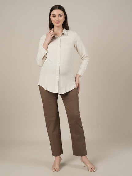 Stretchy Cotton Straight Fit Maternity Trousers-Brown