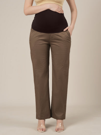 Maternity Stretchy Cotton Wide Leg Trousers-Brown
