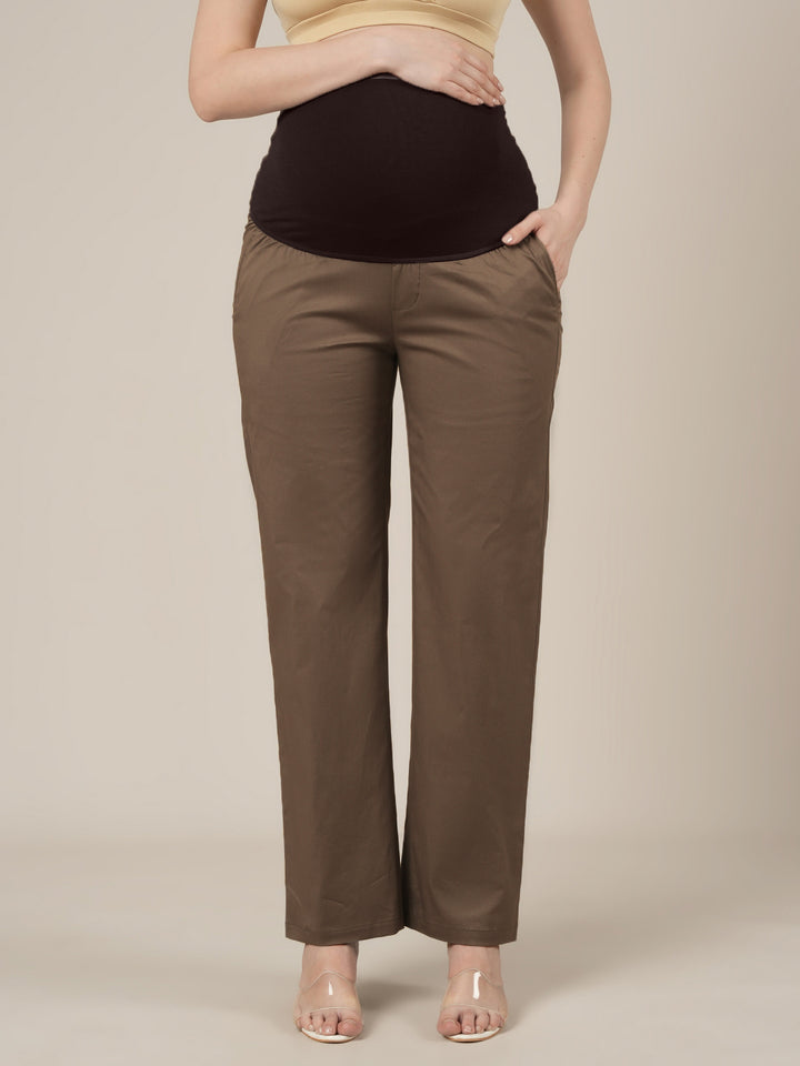 Maternity Stretchy Cotton Wide Leg Trousers-Brown
