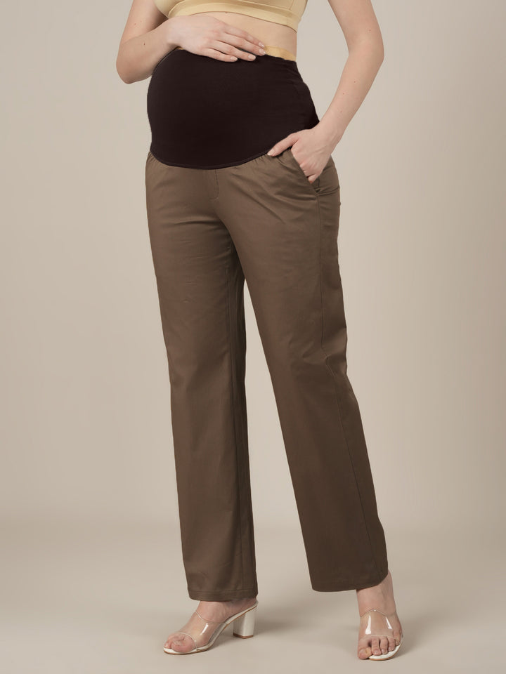 Maternity Stretchy Cotton Wide Leg Trousers-Brown