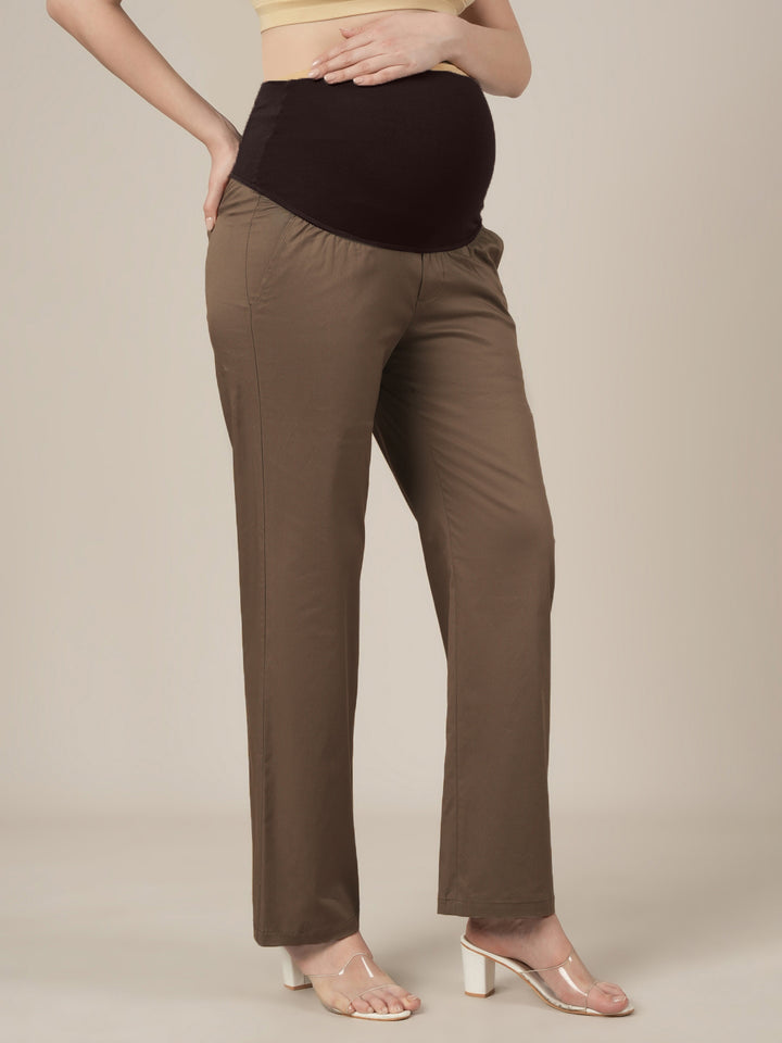 Maternity Stretchy Cotton Wide Leg Trousers-Brown