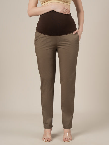 Stretchy Cotton Tapered Fit Maternity Trousers-Brown