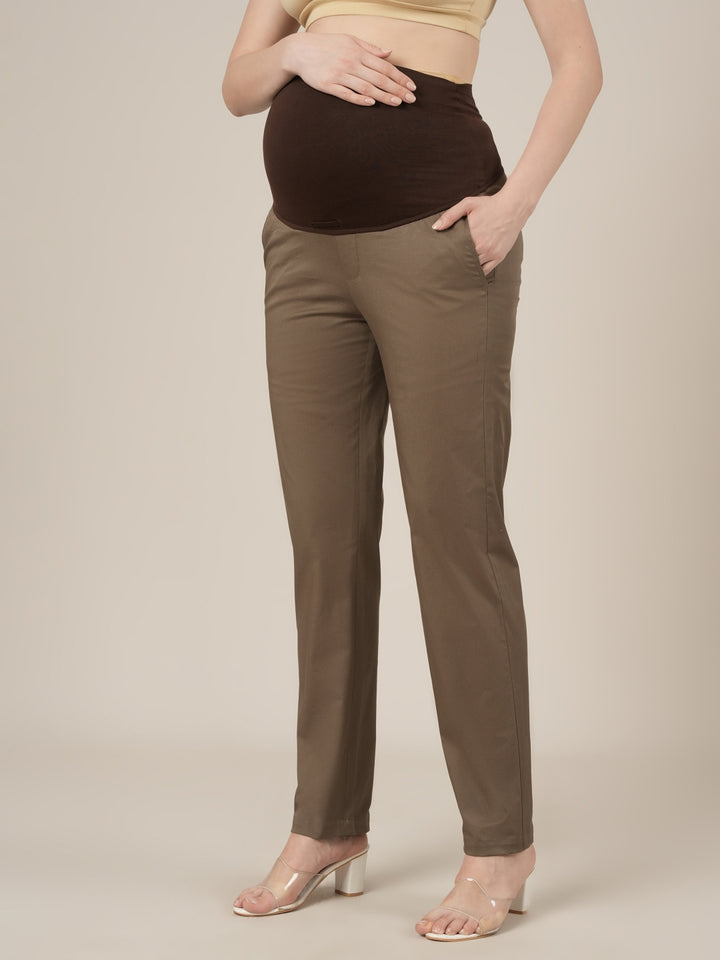 Stretchy Cotton Tapered Fit Maternity Trousers-Brown