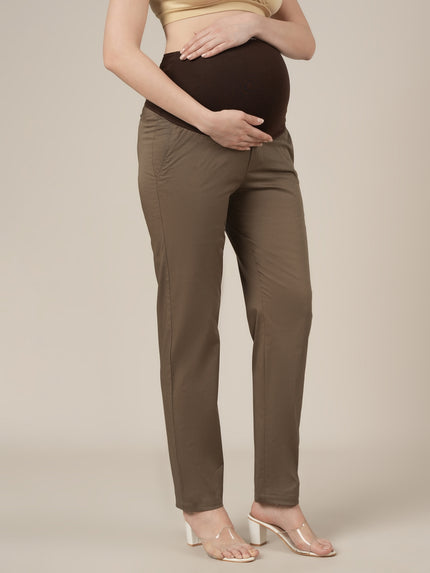 Stretchy Cotton Tapered Fit Maternity Trousers-Brown