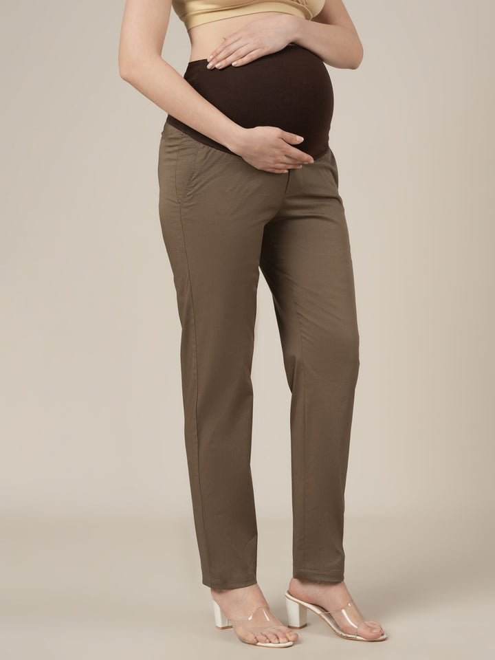 Stretchy Cotton Tapered Fit Maternity Trousers-Brown