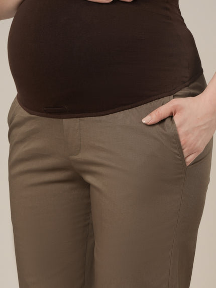 Stretchy Cotton Tapered Fit Maternity Trousers-Brown