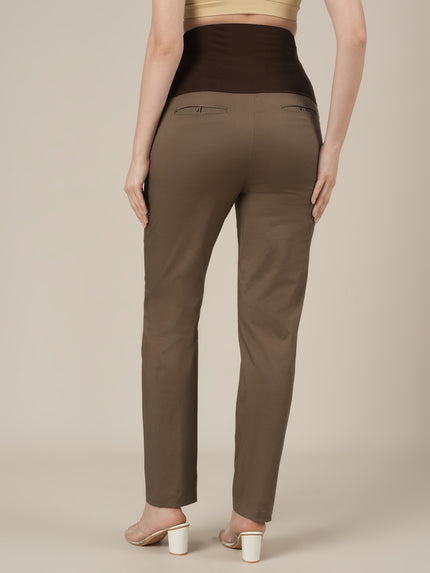 Stretchy Cotton Tapered Fit Maternity Trousers-Brown