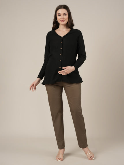 Stretchy Cotton Tapered Fit Maternity Trousers-Brown
