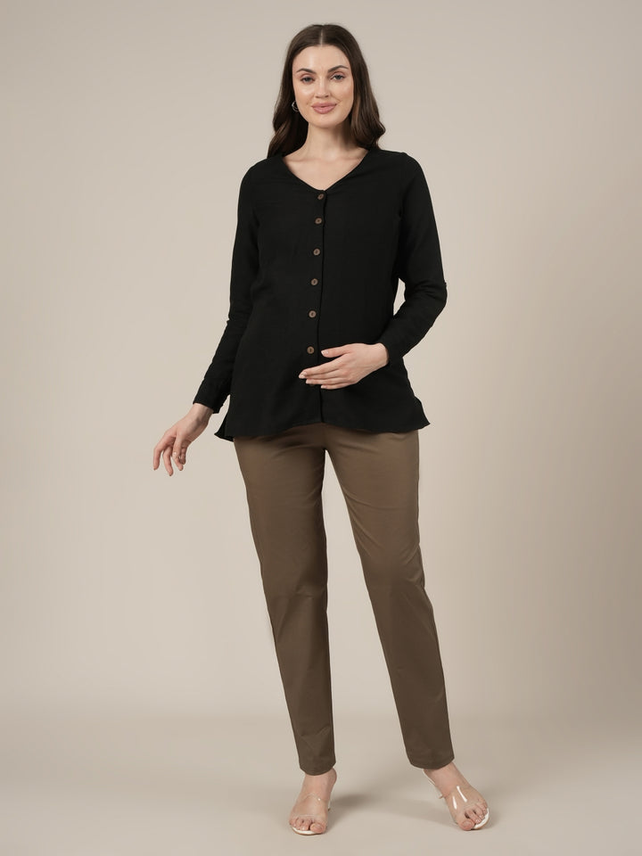 Stretchy Cotton Tapered Fit Maternity Trousers-Brown