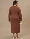Plus-size woman in back view wearing Brown Plus Size Bodycon Fitted Dress with smooth back and fitted silhouette