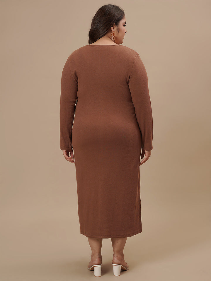 Plus-size woman in back view wearing Brown Plus Size Bodycon Fitted Dress with smooth back and fitted silhouette