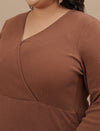 Close-up view of Brown Plus Size Bodycon Fitted Dress showing neckline and stretch fabric detail
