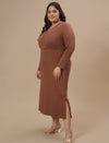 Plus-size woman in front left angle view wearing Brown Plus Size Bodycon Fitted Dress with scoop neckline