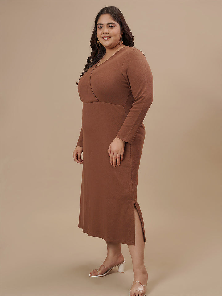 Plus-size woman in front left angle view wearing Brown Plus Size Bodycon Fitted Dress with scoop neckline