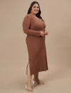 Plus-size woman in front right angle view wearing Brown Plus Size Bodycon Fitted Dress with flattering fit