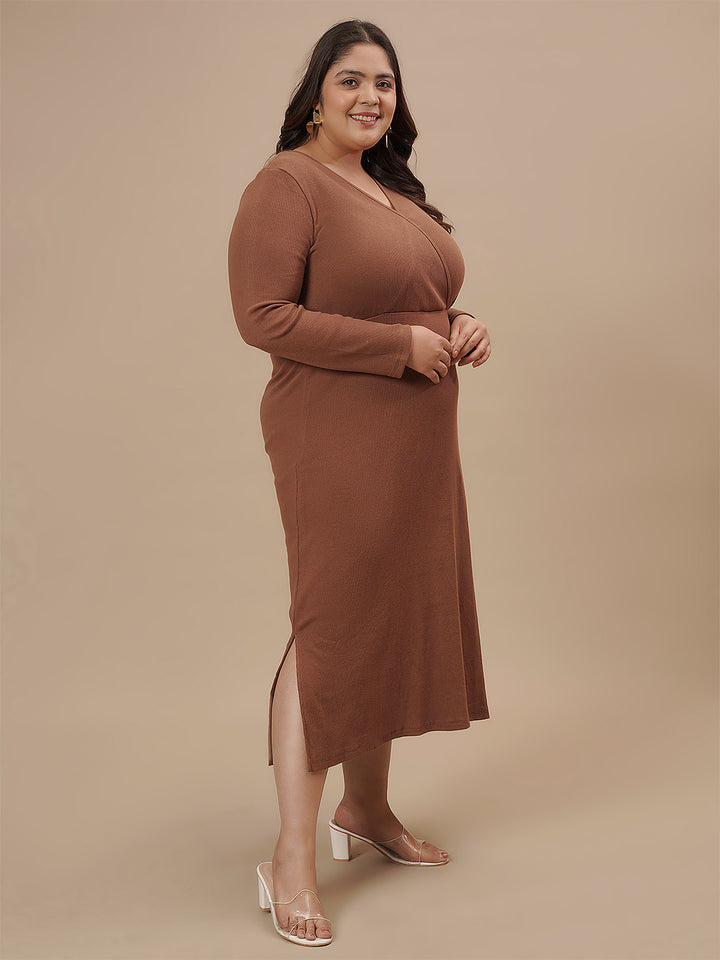 Plus-size woman in front right angle view wearing Brown Plus Size Bodycon Fitted Dress with flattering fit