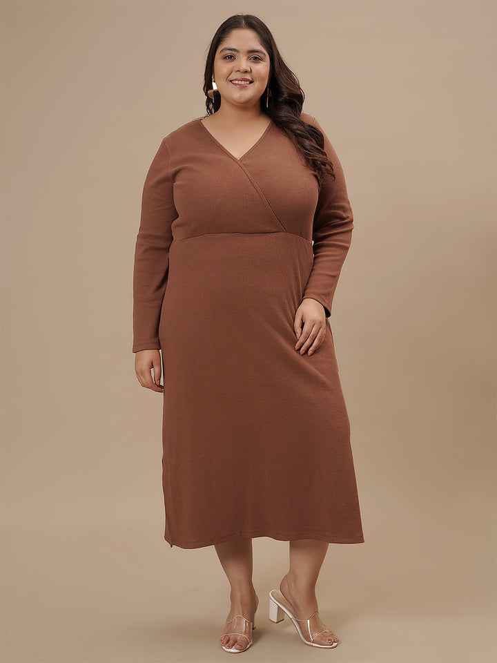Plus-size woman in angled view wearing Brown Plus Size Bodycon Fitted Dress with sleeveless cut and slim fit