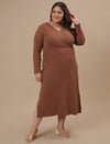 Plus-size woman smiling in front view wearing Brown Plus Size Bodycon Fitted Dress with body-hugging fit
