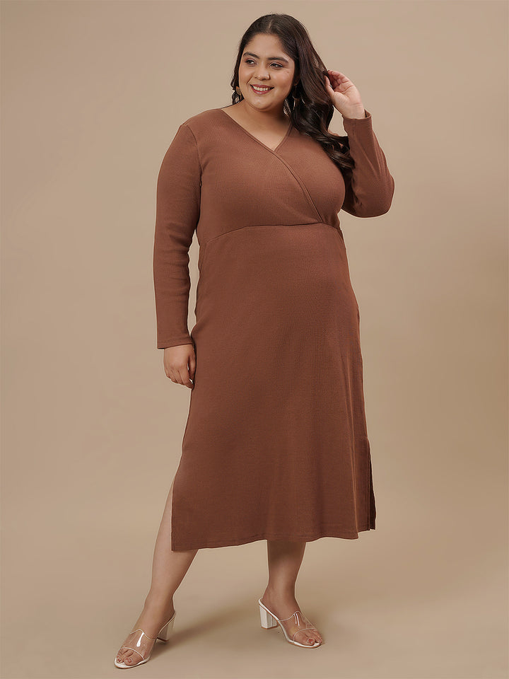 Plus-size woman smiling in front view wearing Brown Plus Size Bodycon Fitted Dress with body-hugging fit