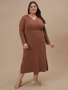 Plus-size woman in front view wearing Brown Plus Size Bodycon Fitted Dress with sleeveless design and slim fit