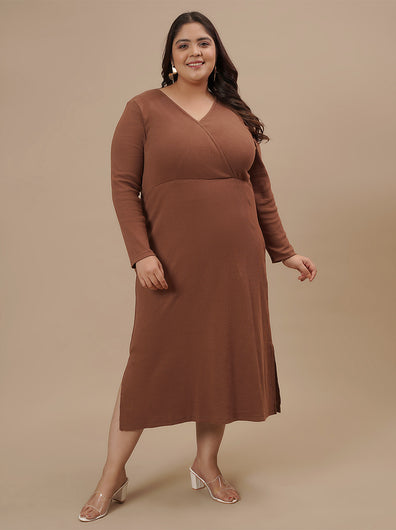 Plus-size woman in front view wearing Brown Plus Size Bodycon Fitted Dress with sleeveless design and slim fit