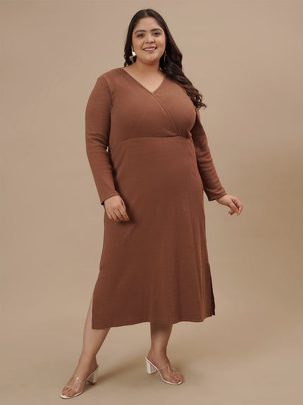 Plus-size woman in front view wearing Brown Plus Size Bodycon Fitted Dress with sleeveless design and slim fit