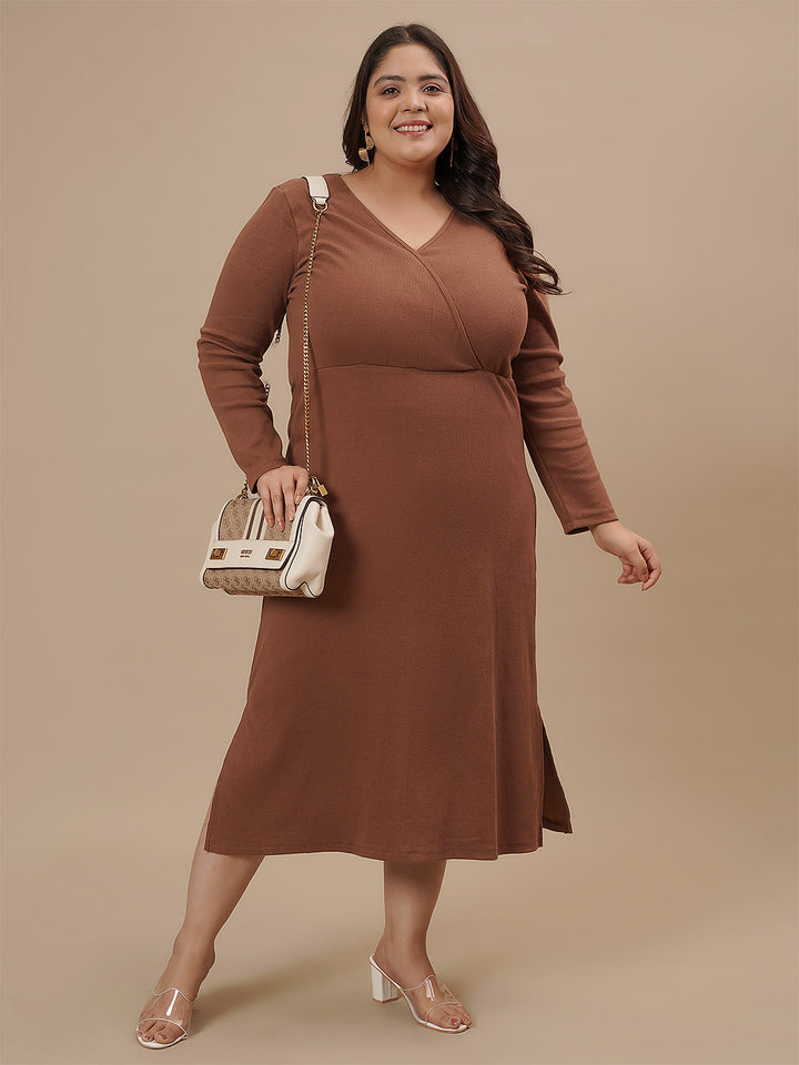 Plus-size woman in straight pose wearing Brown Plus Size Bodycon Fitted Dress with clean lines and fitted shape
