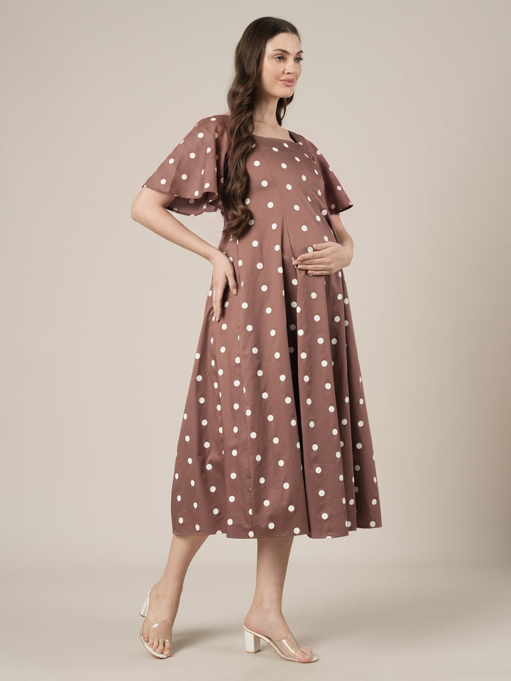 Brown Maternity Polka Dot Dress