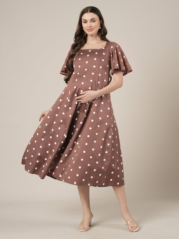 Brown Maternity Polka Dot Dress