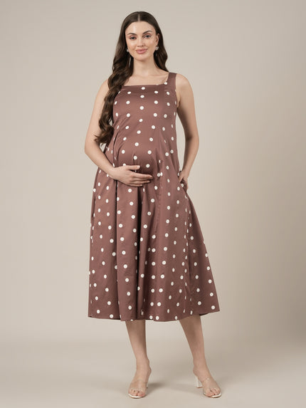 Brown Maternity Sleeveless Polka Dot Dress