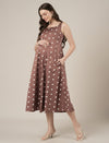 Brown Maternity Sleeveless Polka Dot Dress