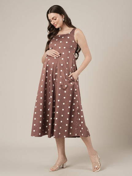 Brown Maternity Sleeveless Polka Dot Dress