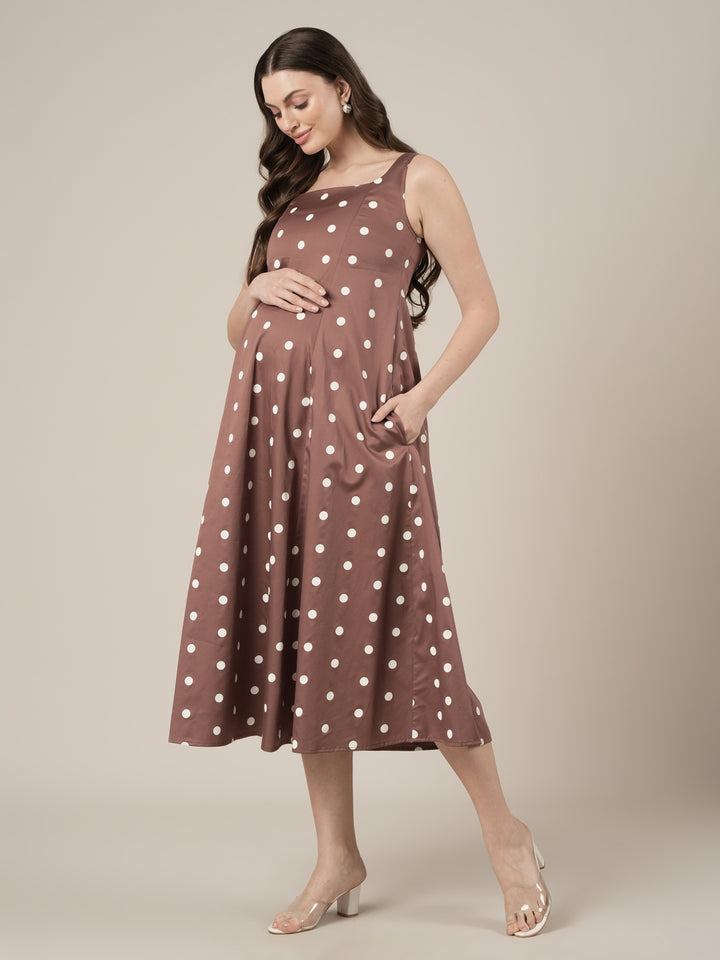 Brown Maternity Sleeveless Polka Dot Dress