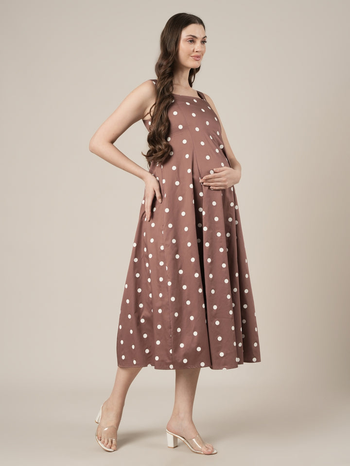 Brown Maternity Sleeveless Polka Dot Dress