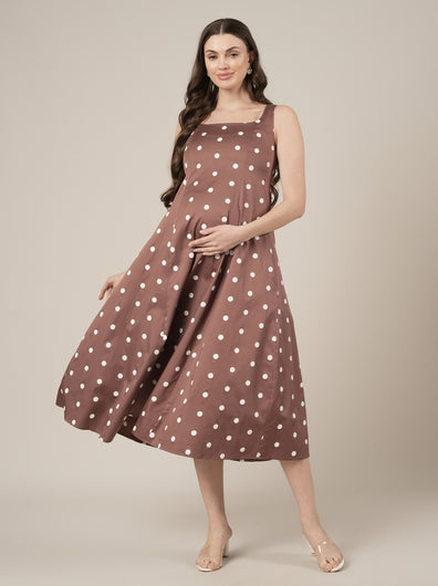 Brown Maternity Sleeveless Polka Dot Dress