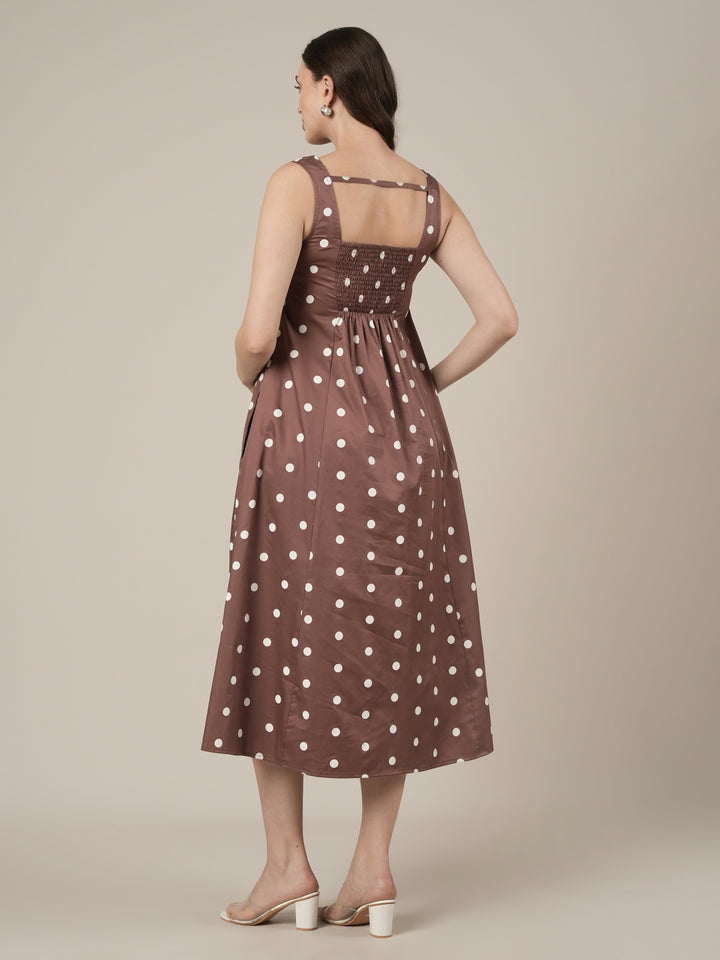 Brown Maternity Sleeveless Polka Dot Dress