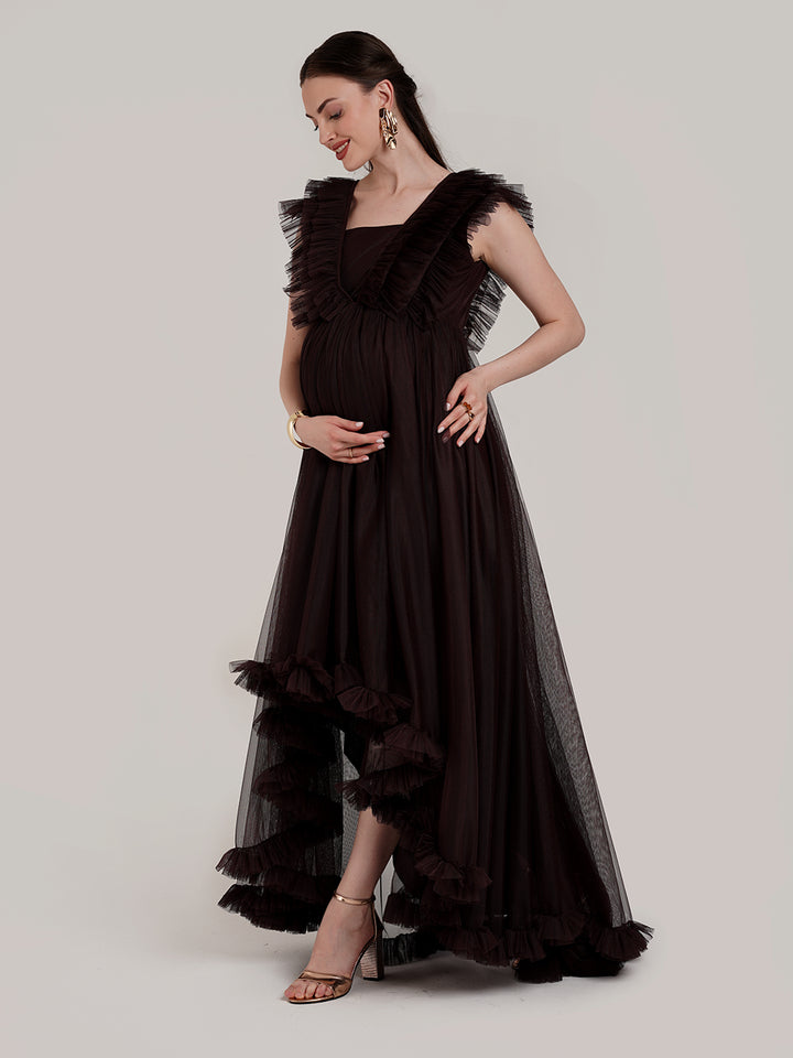 Brown Ruffle Maternity Gown