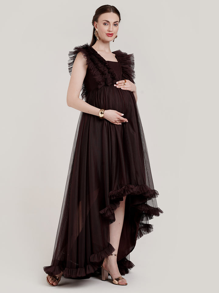 Brown Ruffle Maternity Gown