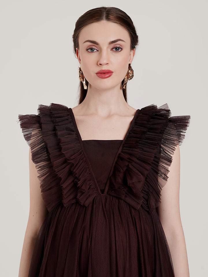 Brown Ruffle Maternity Gown