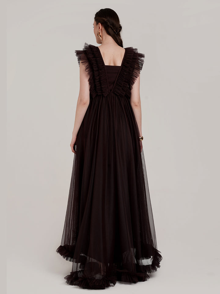 Brown Ruffle Maternity Gown with Detachable Trail