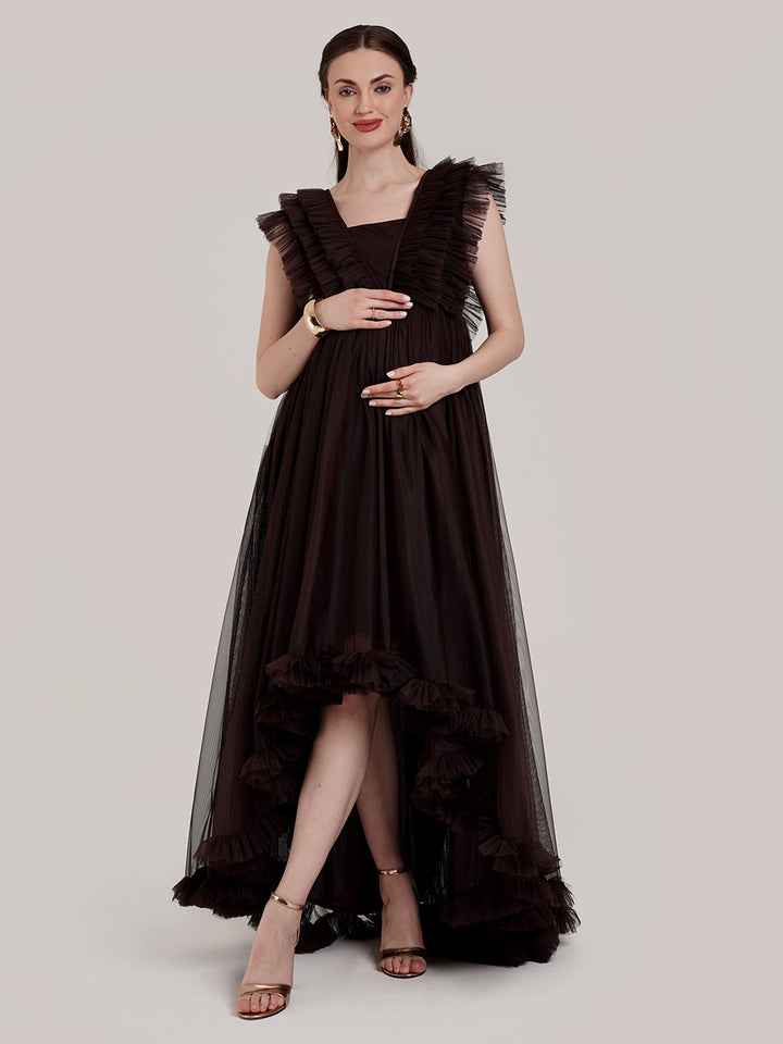 Brown Ruffle Maternity Gown with Detachable Trail