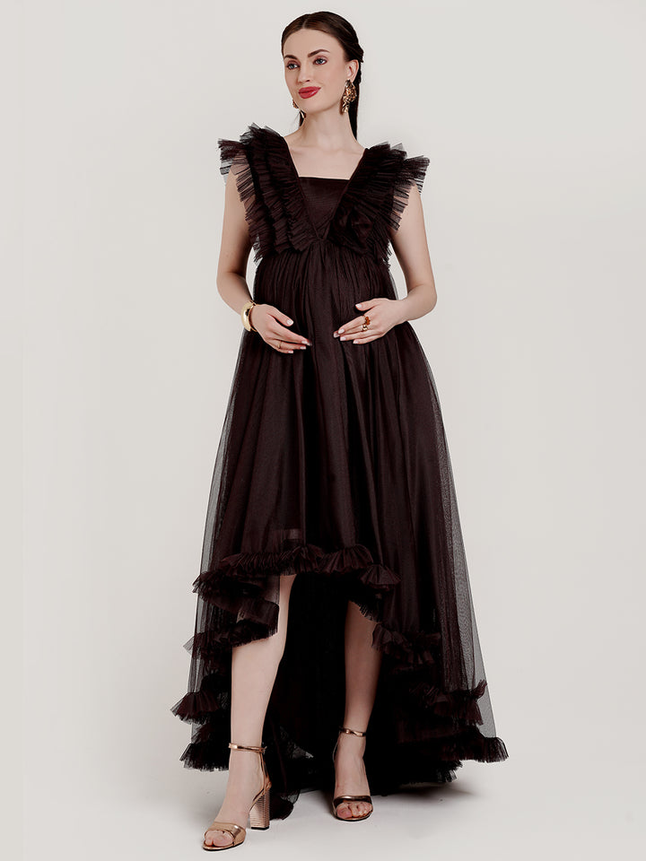 Brown Ruffle Maternity Gown with Detachable Trail